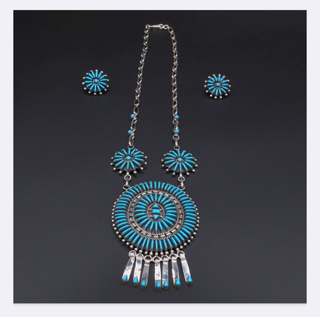 Sterling Silver Needlepoint Turquoise Necklace & Earrings