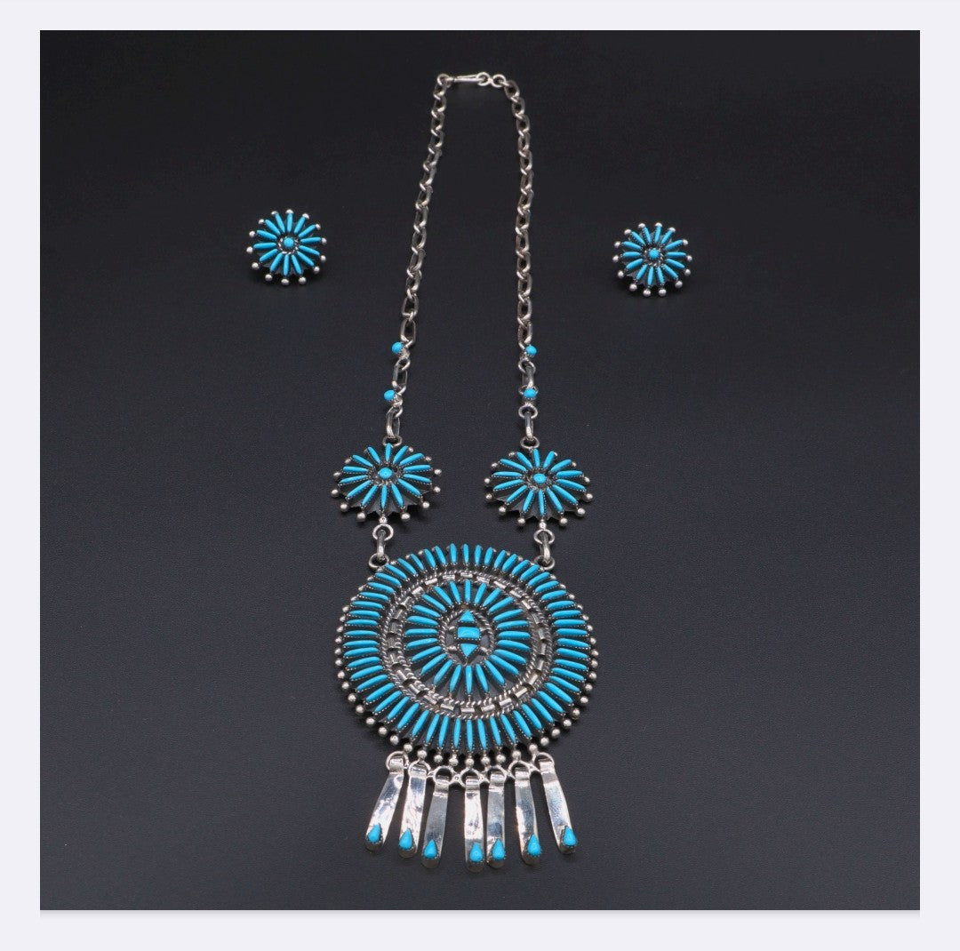 Sterling Silver Needlepoint Turquoise Necklace & Earrings