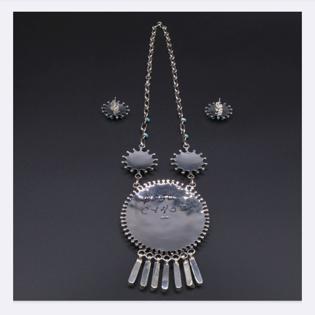 Sterling Silver Needlepoint Turquoise Necklace & Earrings