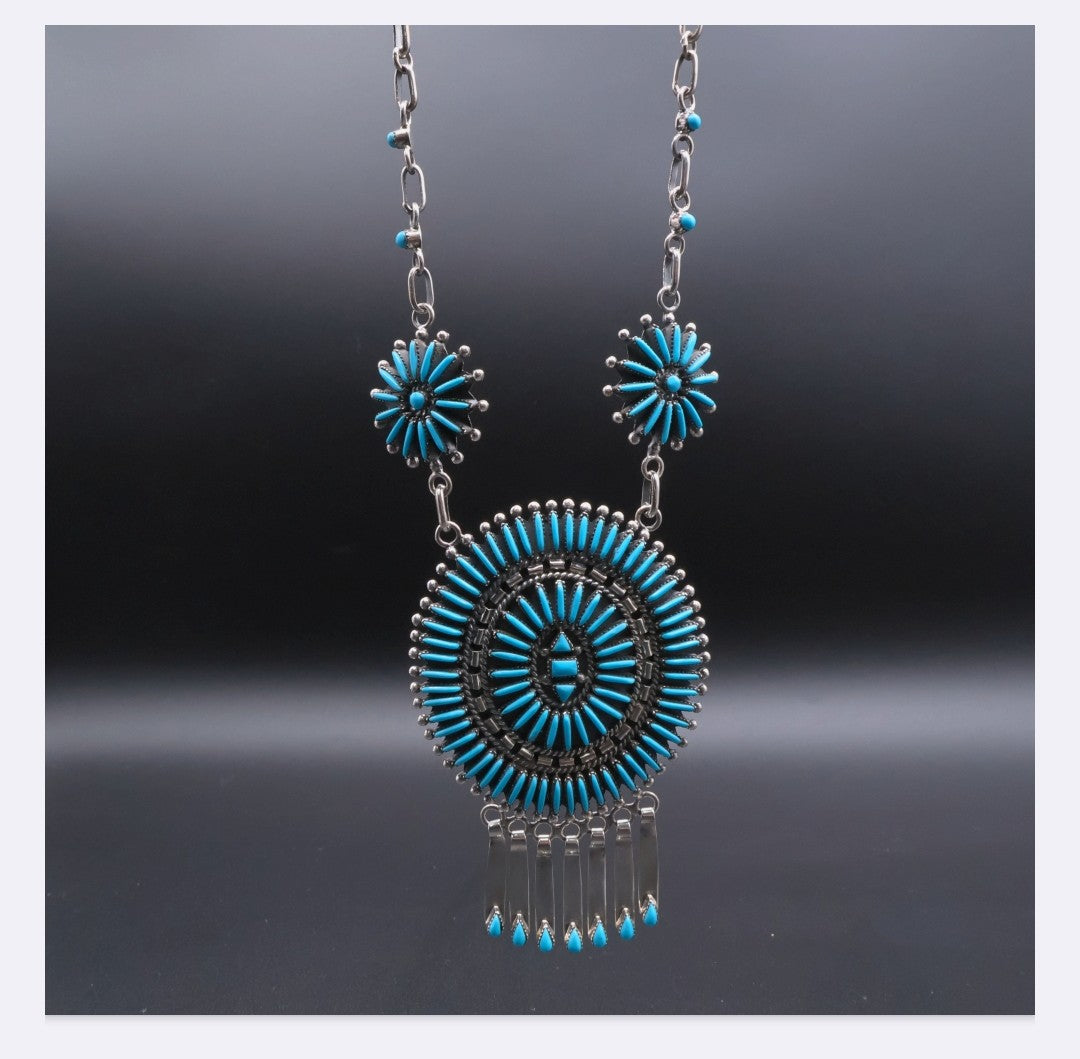 Sterling Silver Needlepoint Turquoise Necklace & Earrings